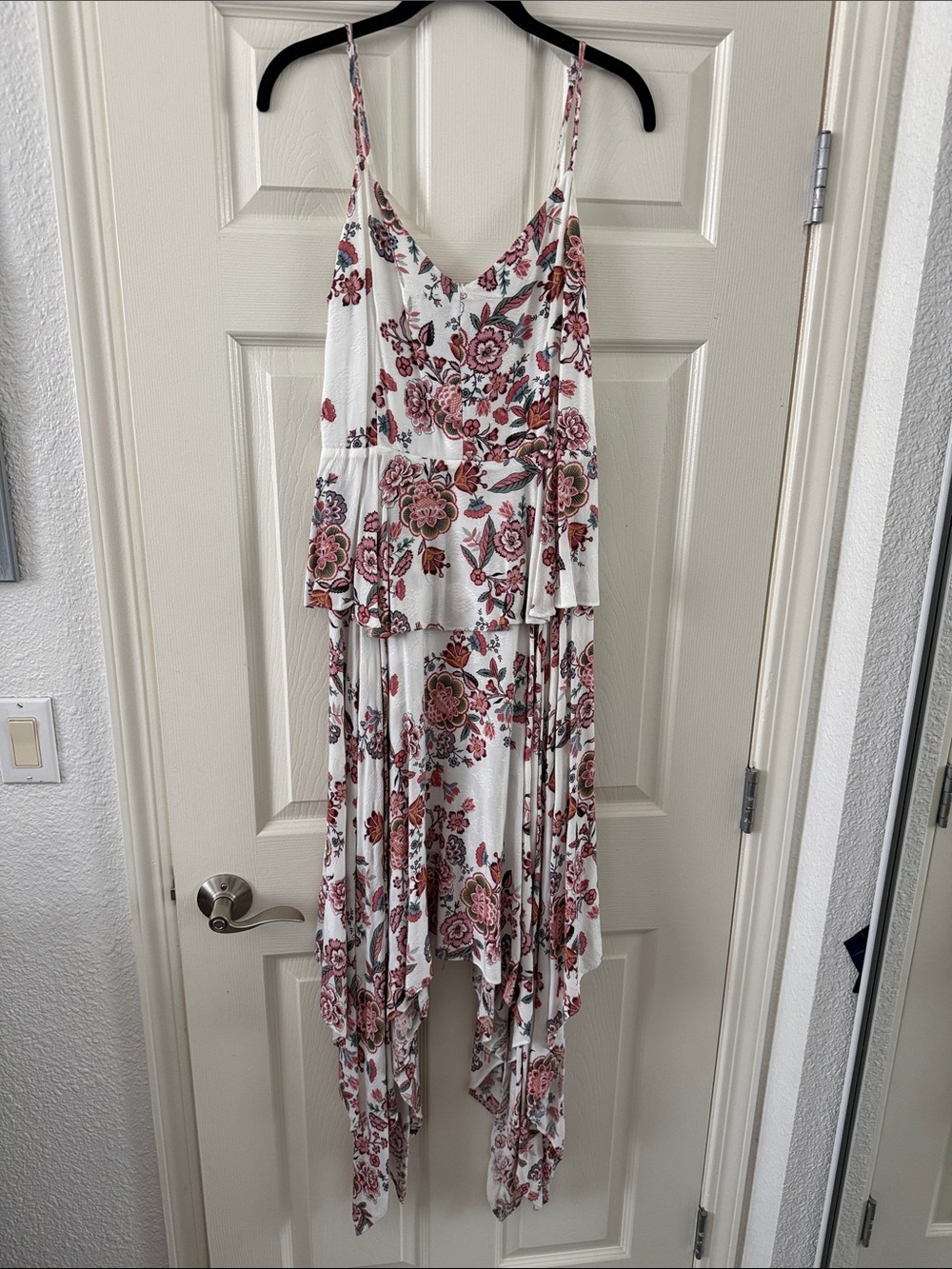 Floral White Asymmetrical Handkerchief-Hem Dress with Spaghetti Straps